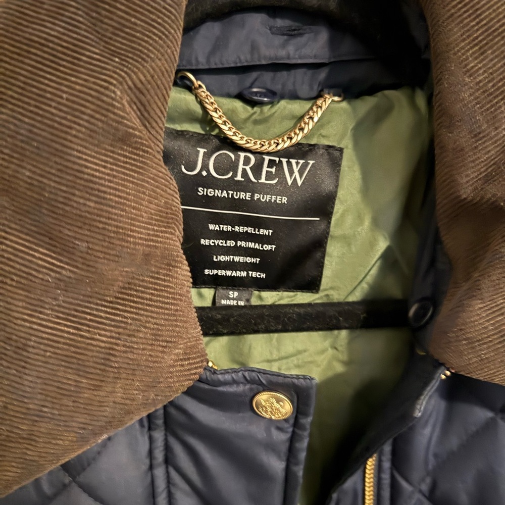 J. Crew Navy Puffer Jacket with Brown Corduroy Collar - Picture 2 of 6